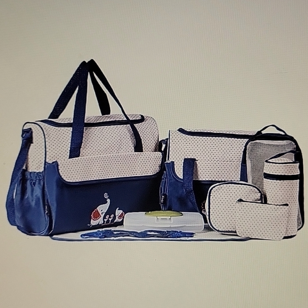 SoHo navy blue diaper tote 9 pc set elephant trim cream polka dot accent NEW…